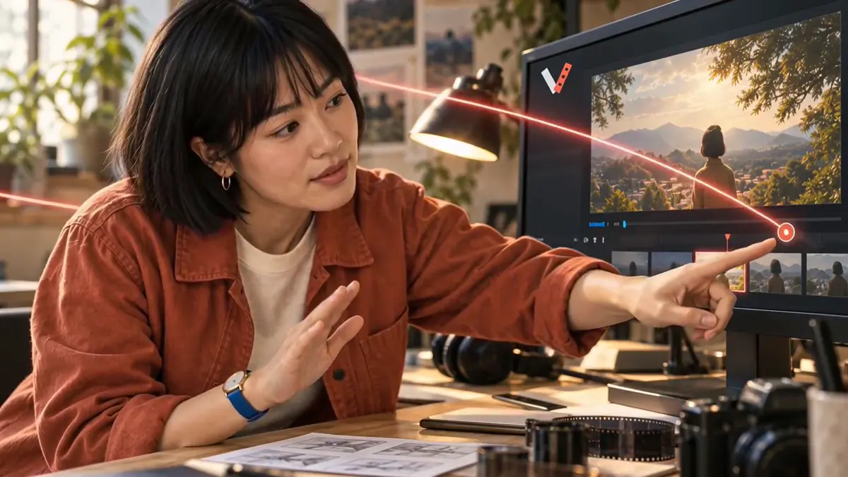 A creator points at a shot on her monitor, deciding what to change.