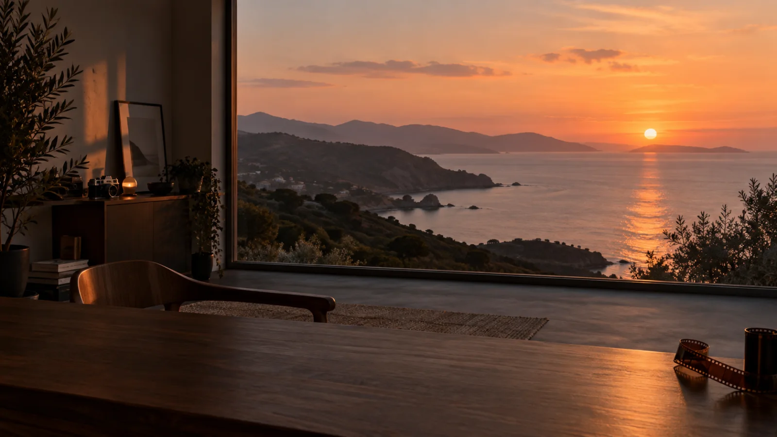 An empty creative studio with a wooden desk and film strip, overlooking a quiet coast at sunset.