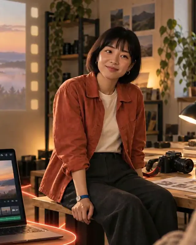 A creator pauses at her desk, with her camera and storyboards beside her.