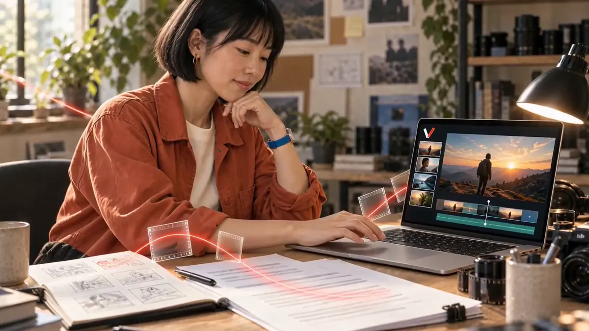 A creator works through notes, storyboards and a laptop timeline at her desk.