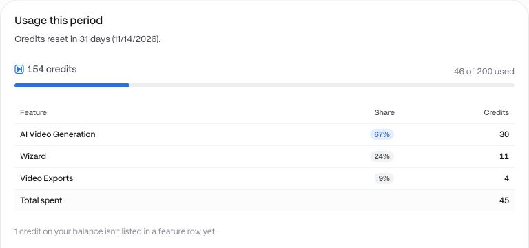 Everygen account usage: 46 of 200 credits used, 30 for AI Video Generation, 11 for Wizard, 4 for Video Exports, and one credit not yet in a feature row.