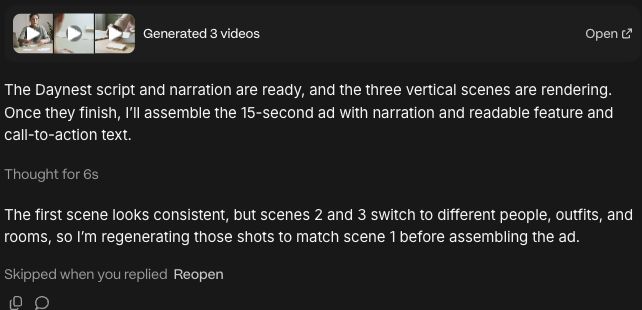 Wizard says scenes two and three change people, outfits and rooms; the proposed action is marked skipped when the tester replied.