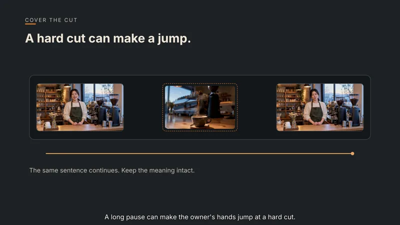 Explanation slide “A hard cut can make a jump.” showing a timeline: the owner, a coffee shot over the seam, then the owner again.