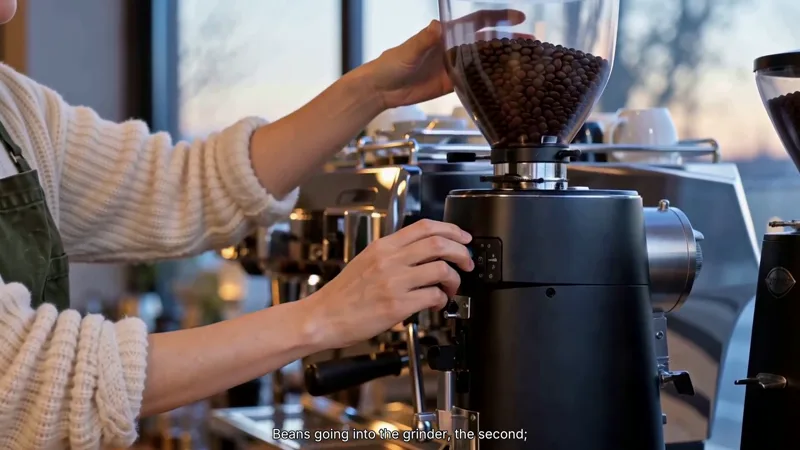 Hands pouring coffee beans into the grinder.