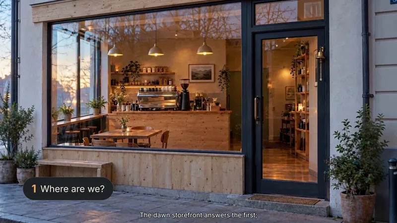 The coffee shop storefront at dawn, labeled “1 Where are we?”.