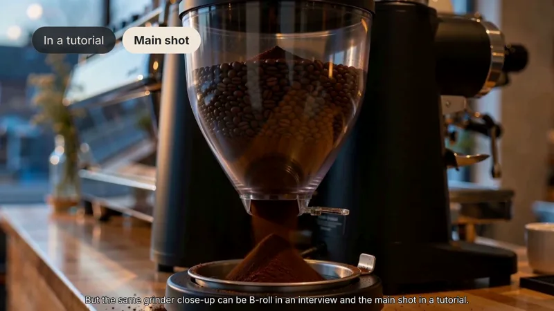 The same grinder close-up, now labeled “In a tutorial” and “main shot”.