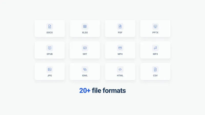 Explainer video frame: a grid of file-type tiles with icons for DOCX, XLSX, PDF, PPTX, EPUB, SRT, MP4, MP3, JPG, IDML, HTML and CSV, above “20+ file formats”.