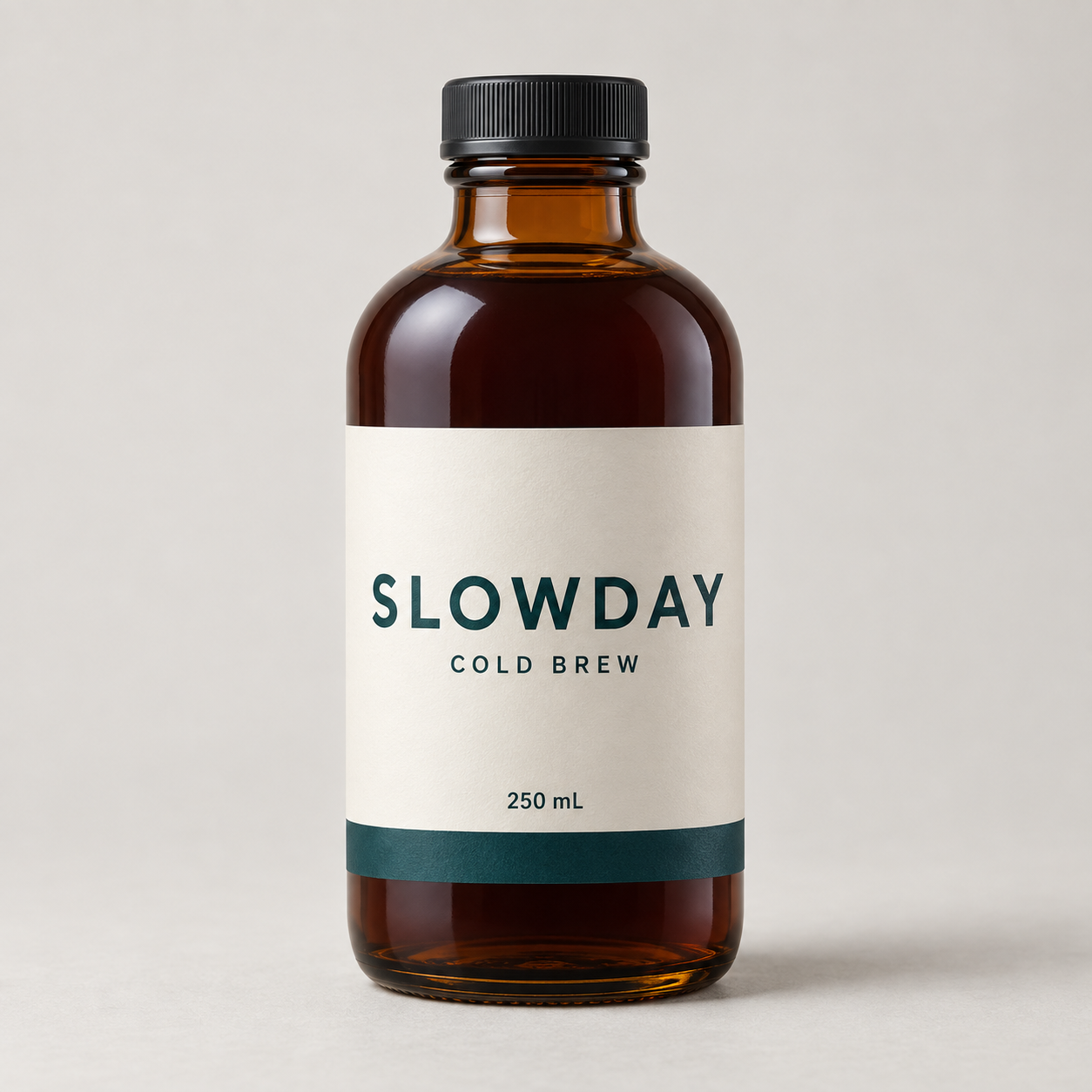 The SLOWDAY product reference: an amber glass bottle with an ivory label and deep teal wordmark.