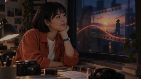 Opening shot: a creator at her desk by the window in evening light, a filmstrip of a sunset floating beside her.
