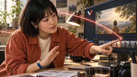 Mid-film: she leans towards the monitor and points at a shot on the timeline of a mountain sunset.